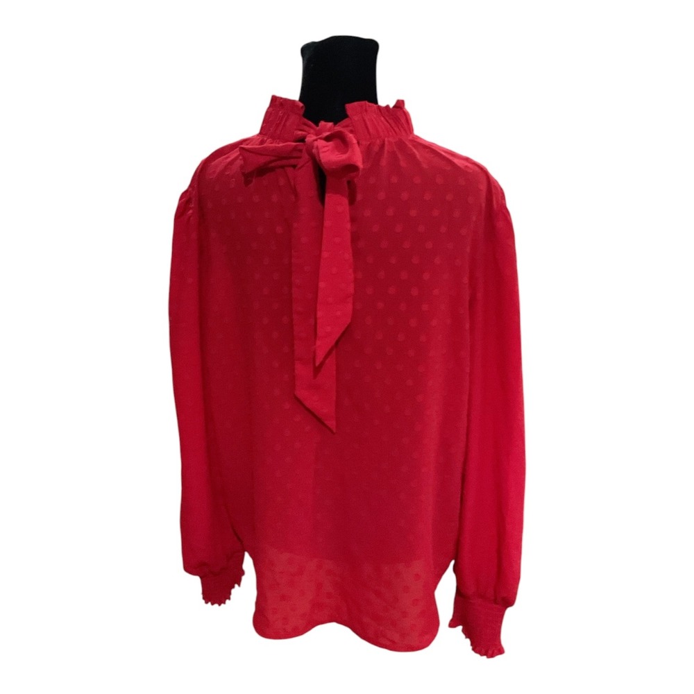 LOFT Red Clip Dot Blouse Ruffle Mock Neck Back Tie Long Sleeve Top  M polyester - Picture 2 of 5
